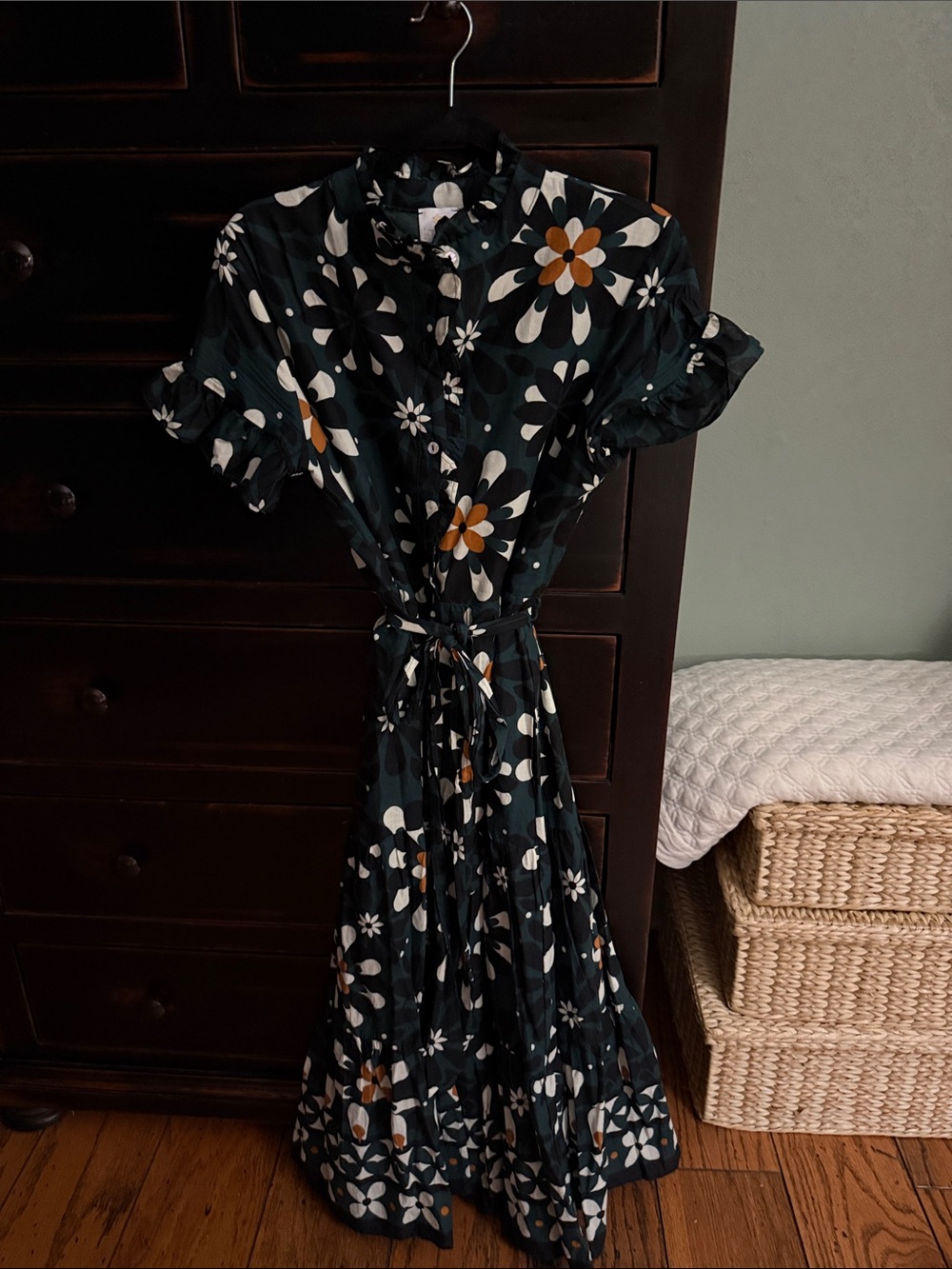 J. Marie Button-Front Floral Maxi Dress in Black and White with Mustard Accents